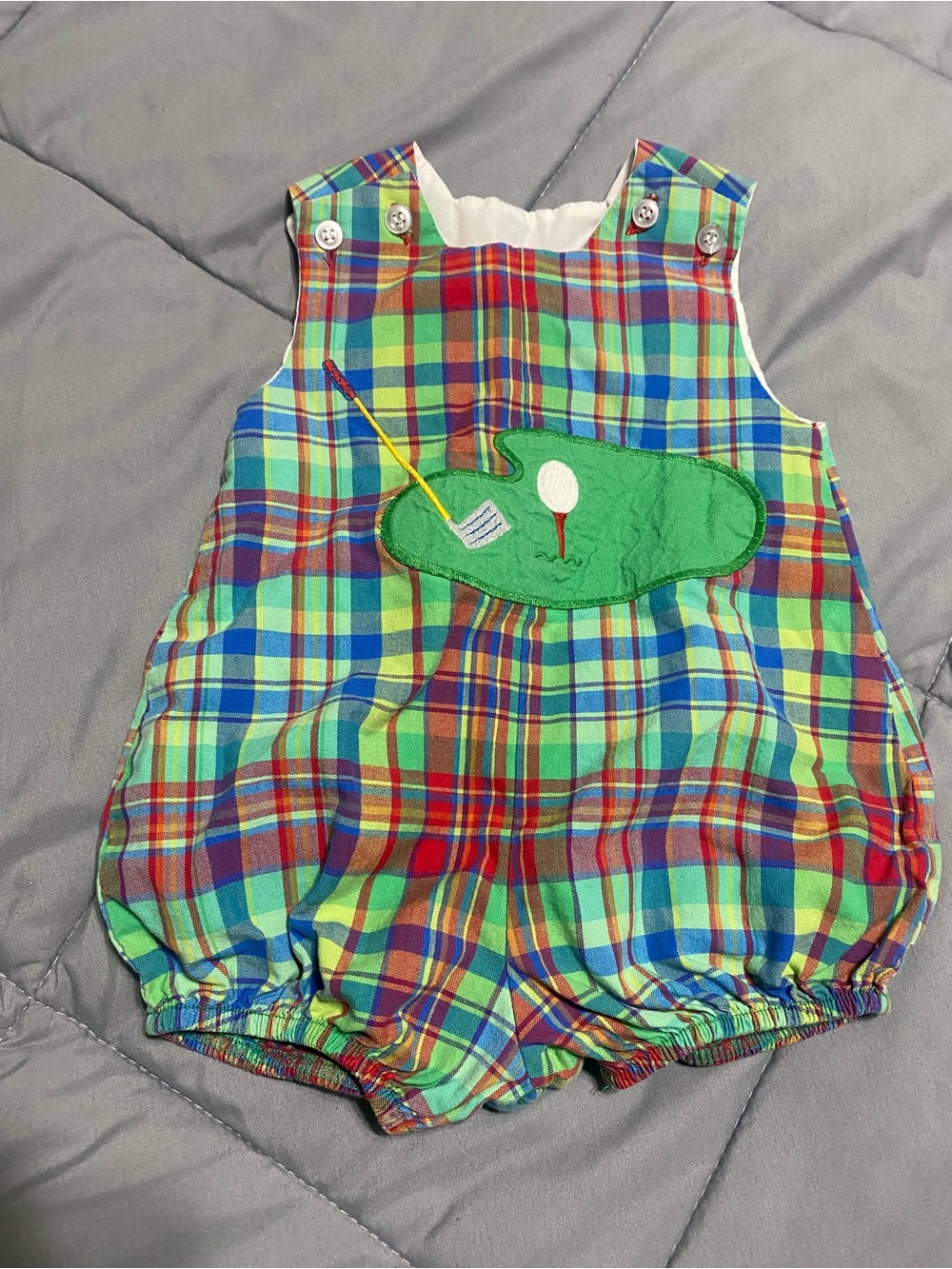 Plaid Golf Applique Baby One-Piece Romper - Green Multi